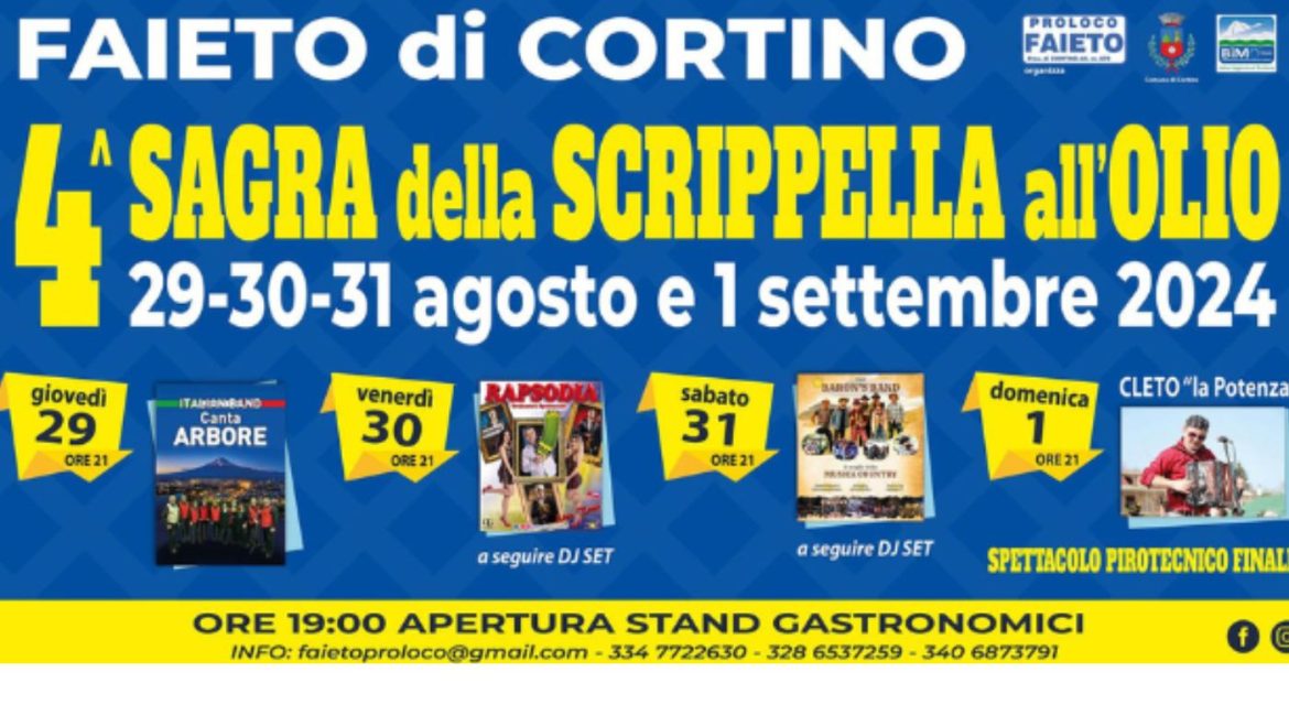 Sagra della Scrippella all’Olio a Faieto di Cortino ottimo cibo, musica e spettacoli