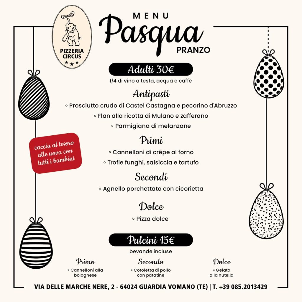 Pasqua a Pasquetta a Guardia Vomano da Pizzeria Circus caccia al tesoro e laboratorio