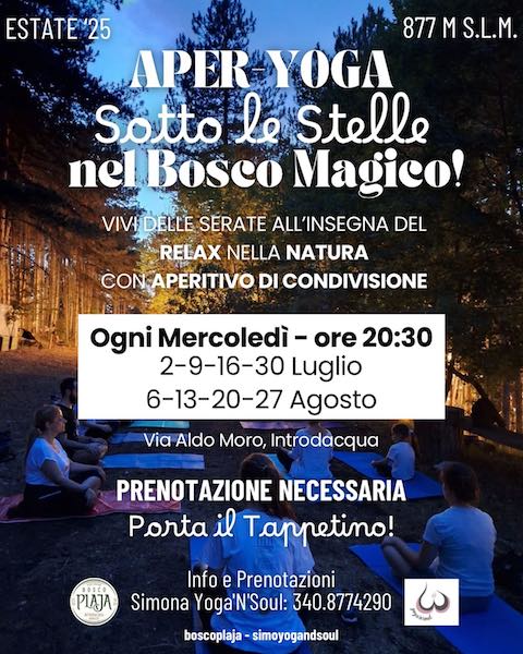 Aper-Yoga sotto le stelle a Introdacqua nel bosco magico di Bosco Plaja adatto ai bambini