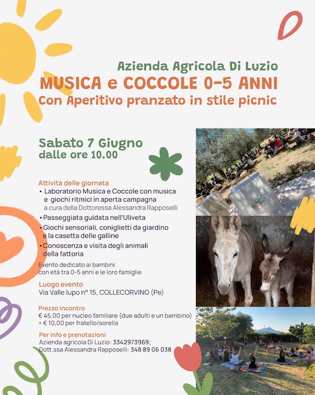 Musica e Coccole in fattoria a Collecorvino con aperitivo pranzato e visita alla fattoria