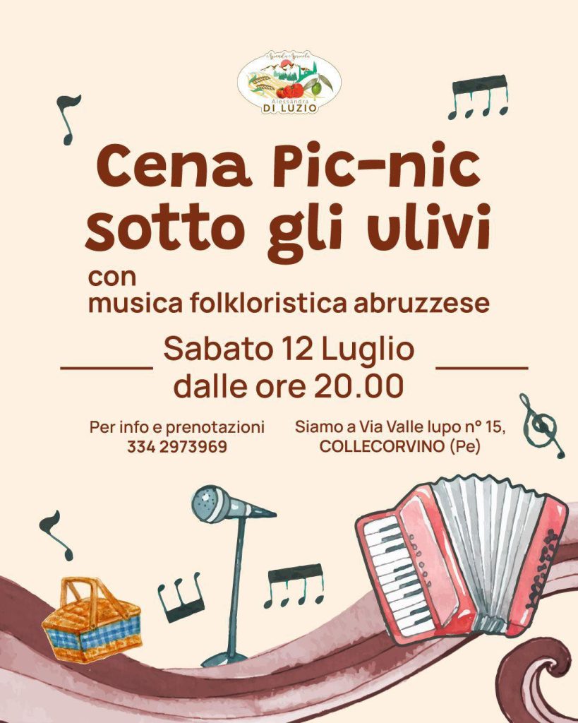 Cena picnic sotto gli ulivi con musica folkloristica abruzzese a Collecorvino