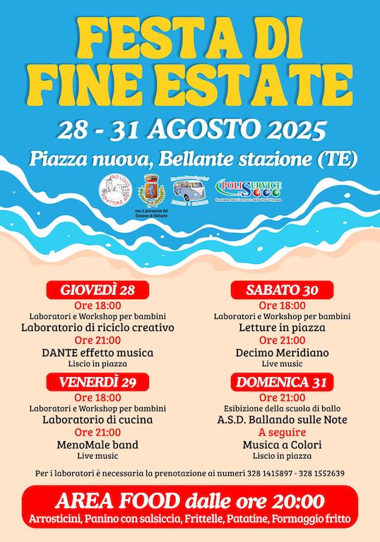 Festa di Fine Estate 2025 a Bellante musica, laboratori, letture e food nella piazza nuova