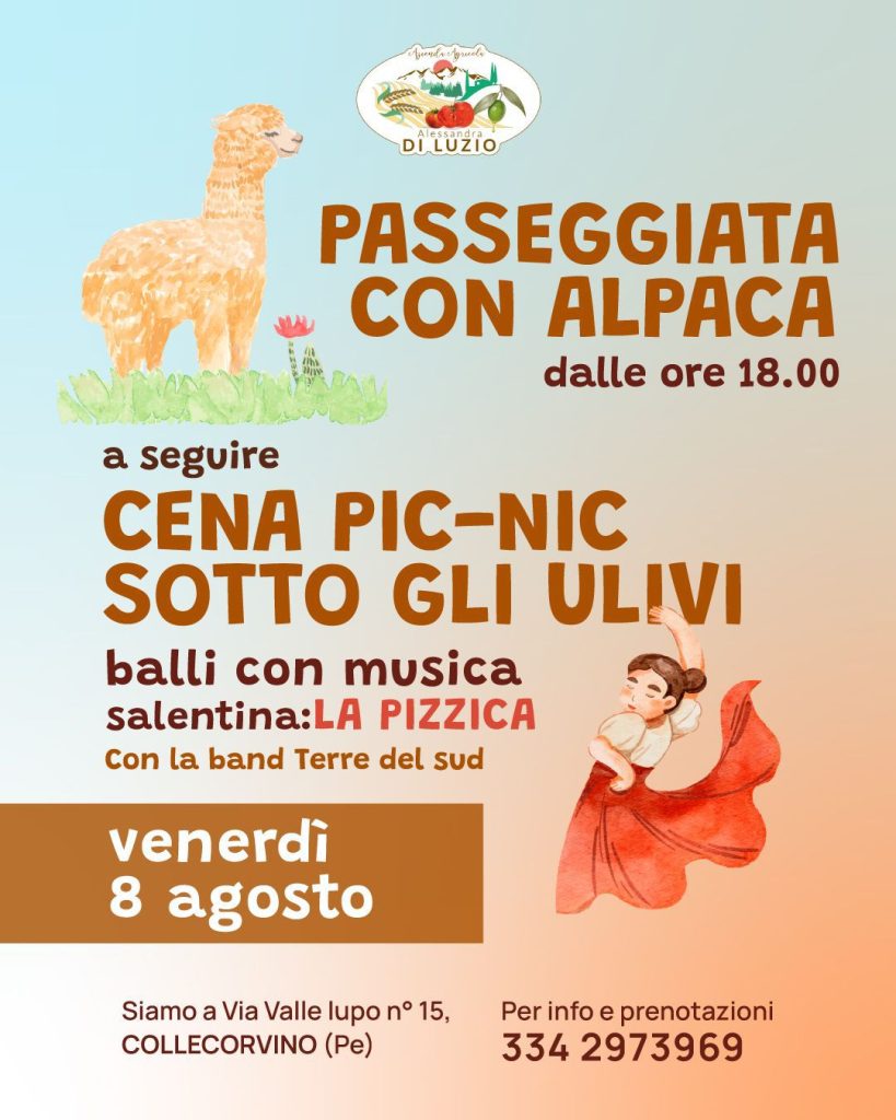Passeggiata con gli Alpaca e Cena Picnic sotto gli ulivi con la Pizzica a Collecorvino