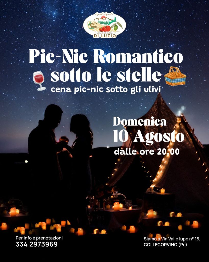 Picnic romantico sotto le stelle e sotto gli ulivi in azienda agricola