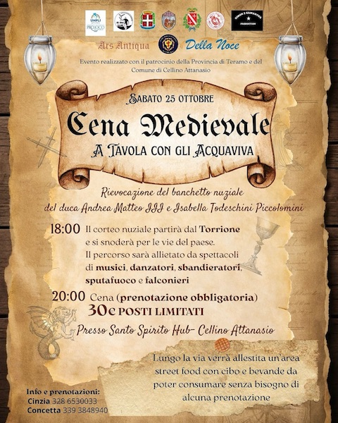 Cena Medievale A tavola con gli Acquaviva 2025 a Cellino Attanasio rievocazione storica