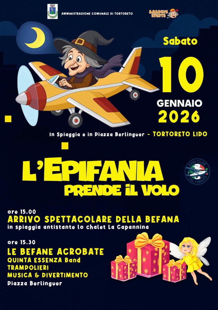 La Befana 2026 a Tortoreto arriva dal mare e prende il volo con gli acrobati