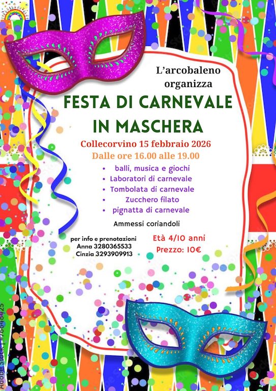 Festa di Carnevale in maschera a Collecorvino laboratori, tombolata, giochi