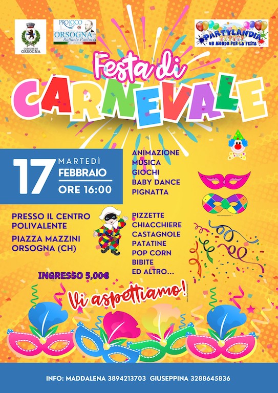 Festa di Carnevale a Orsogna animazione, musica, giochi, merenda