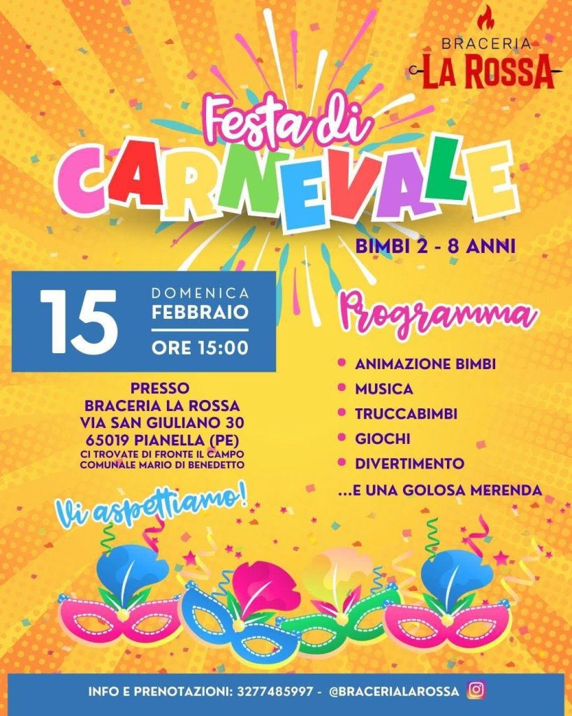 Festa di Carnevale a Pianella animazione, musica, giochi, truccabimbi, merenda