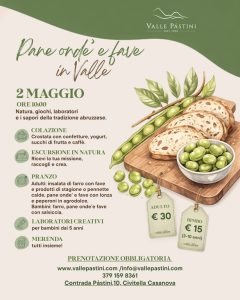 Pane onde e fave in Valle a Civitella Casanova buon cibo, escursione e laboratorio per bambini