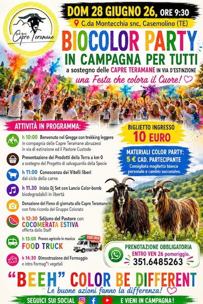 Biocolor Party a sostegno delle capre teramane in via di estinzione con cocomerata e food truck