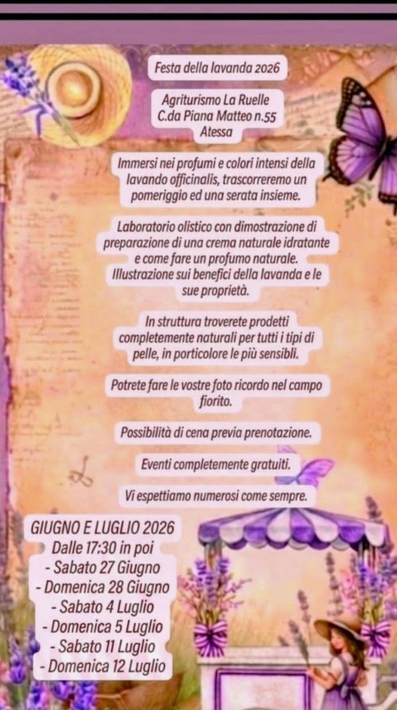 Festa della Lavanda in agriturismo ad Atessa laboratorio olistico, foto nel campo, yoga e cena