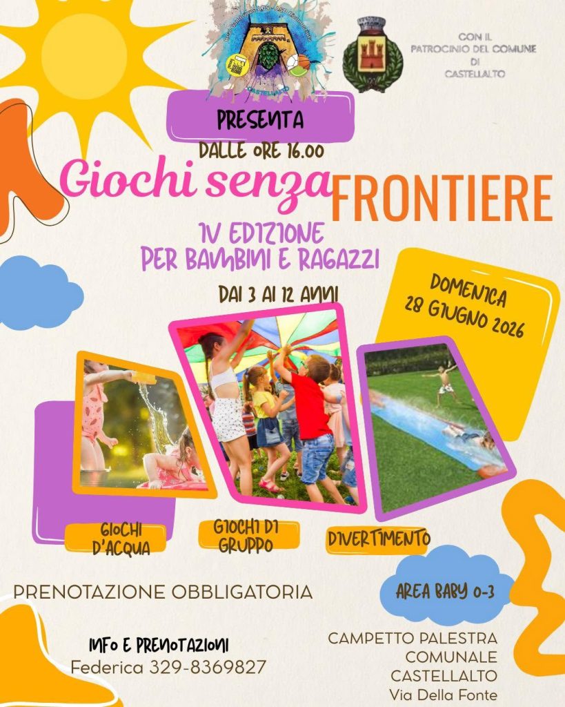 Giochi senza frontiere 2026 a Castellalto giochi d’acqua, musica, merenda e food