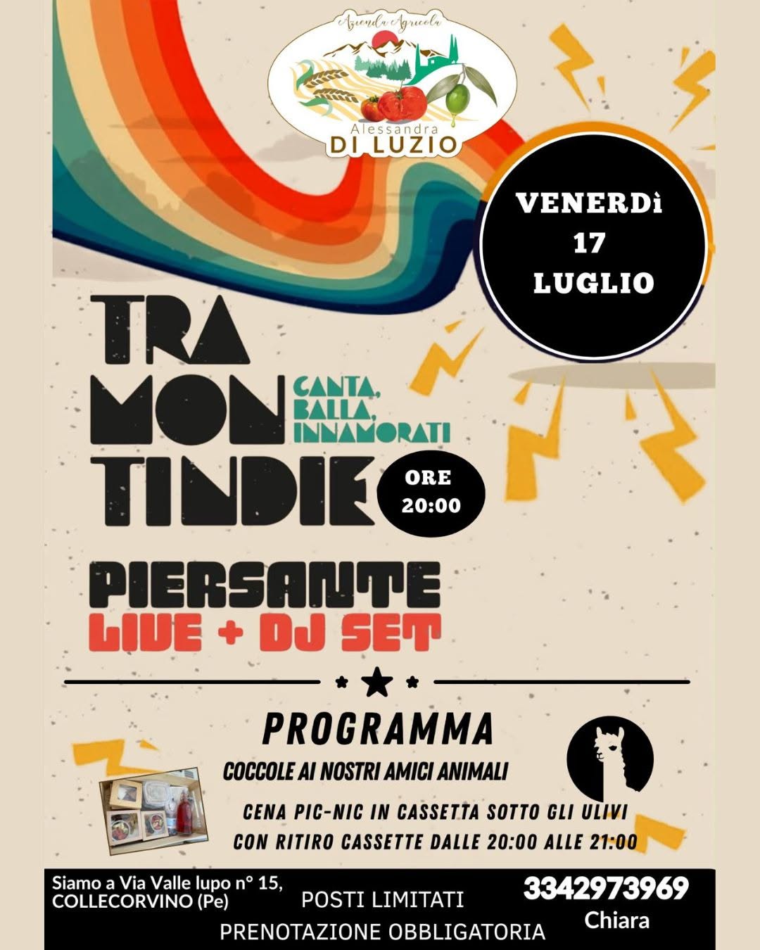 Tramontindie a Collecorvino musica live, dj set, cena pic-nic, coccole agli animali