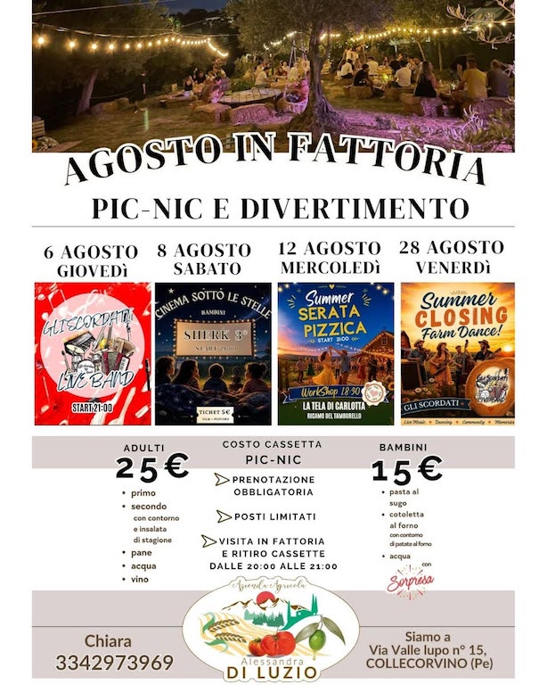 Agosto in Fattoria a Collecorvino picnic, musica, cinema e balli